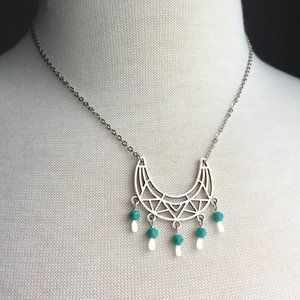 Silver Tribal lines turquoise bead dangle necklace